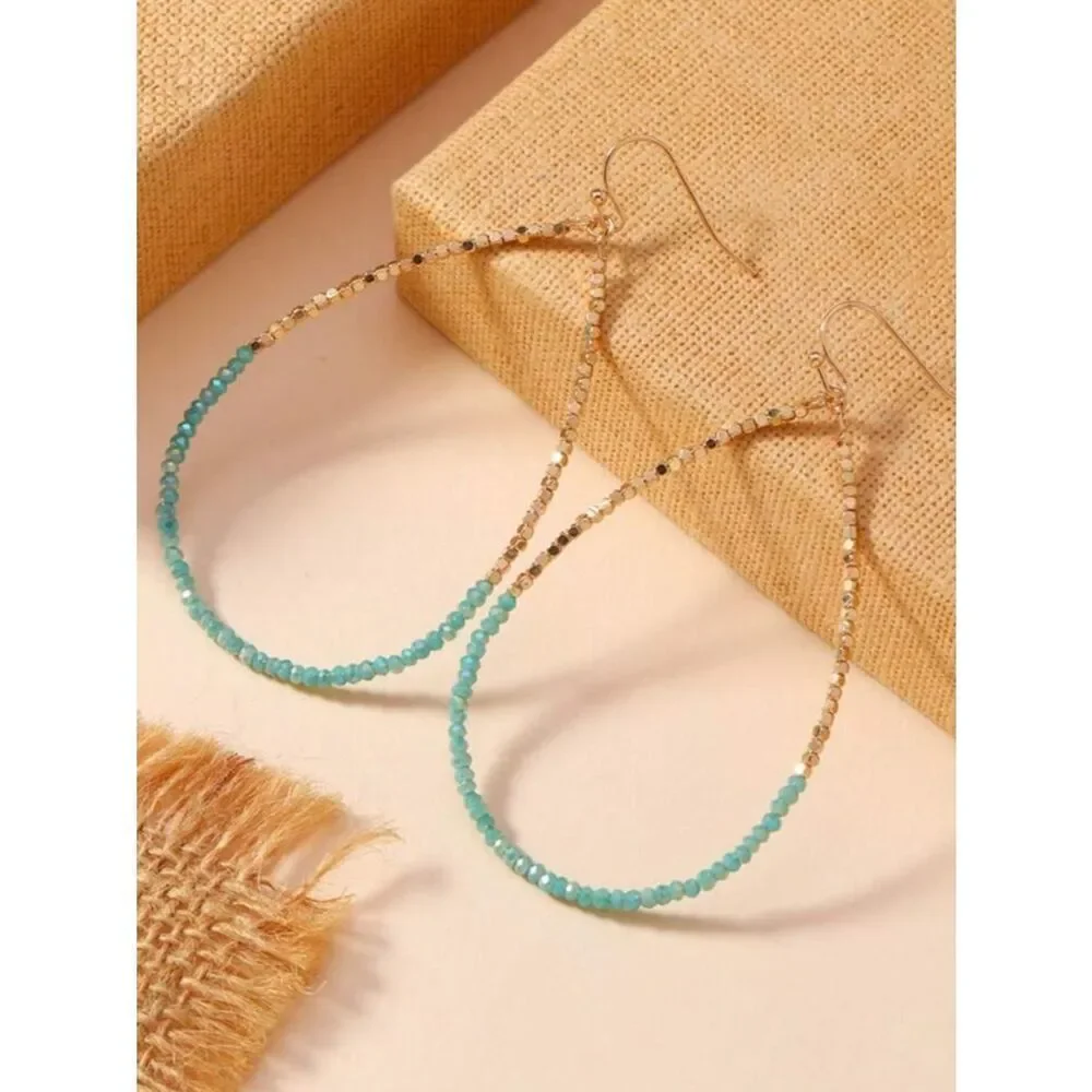 Gold Hoop Earrings with blue Beads A1755